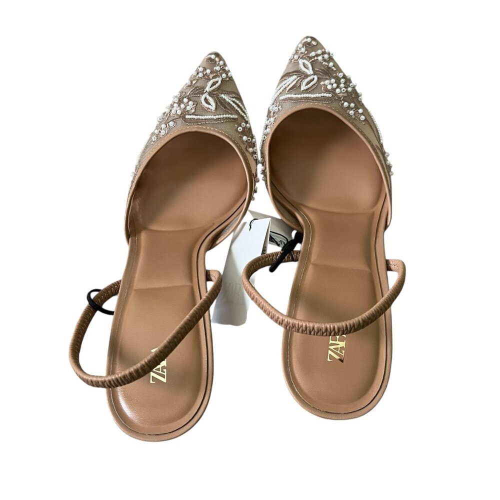 Zara Embroidered Mesh Slingback Heels Brown Size 10 Pointed Toe NWT Party Bridal - Picture 2 of 9